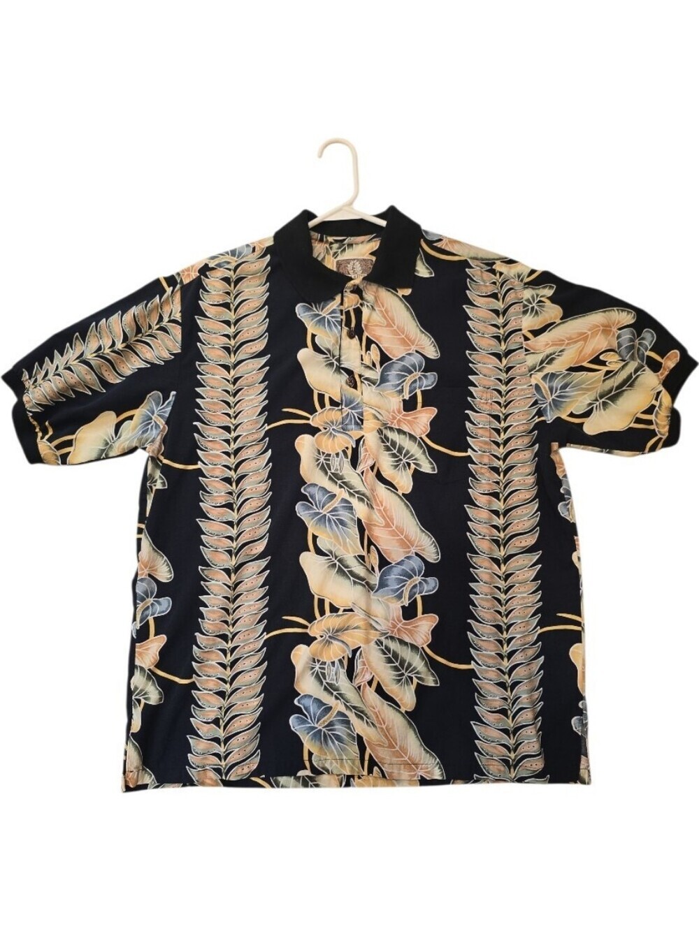 Vintage Kalaheo Hawaiian Shirt Men's Large Black Tan Floral Lea USA